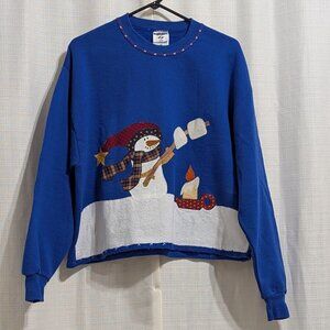 Vintage‎ Jerzees Embroidered Snowman S'more Sweater Blue Large White Cottagecore